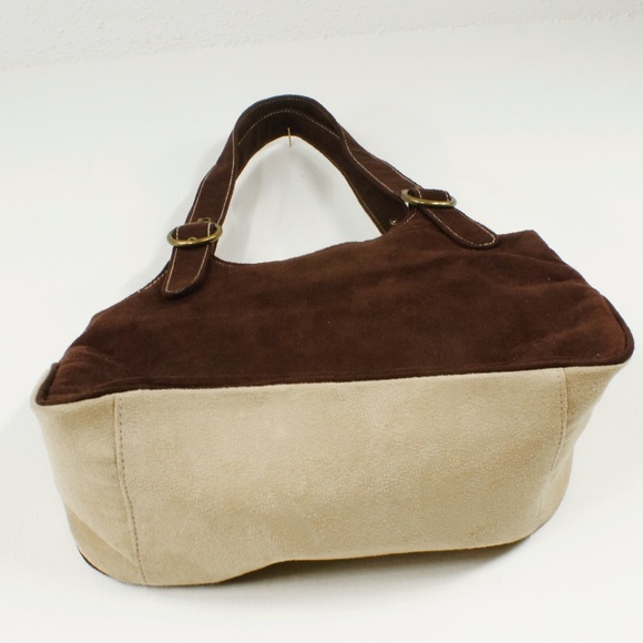 Vintage 2000s Y2K Faux Suede Patchwork Stripe Pink Brown Buckle Purse - Picture 4 of 4